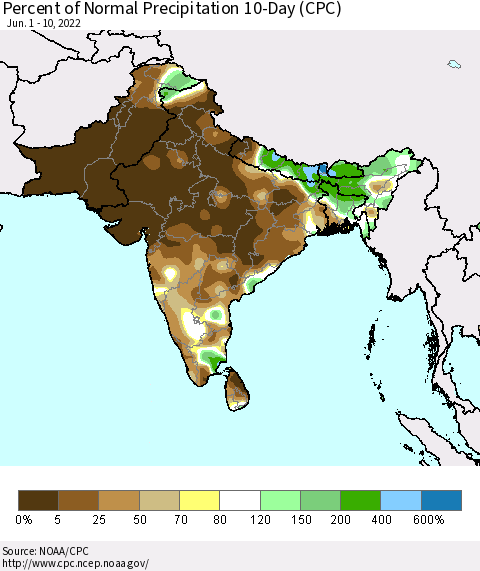 Southern Asia Percent of Normal Precipitation 10-Day (CPC) Thematic Map For 6/1/2022 - 6/10/2022