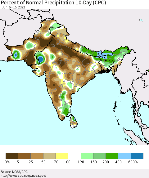 Southern Asia Percent of Normal Precipitation 10-Day (CPC) Thematic Map For 6/6/2022 - 6/15/2022