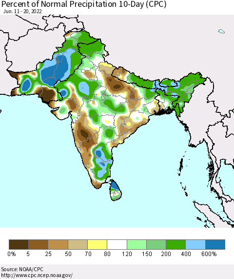 Southern Asia Percent of Normal Precipitation 10-Day (CPC) Thematic Map For 6/11/2022 - 6/20/2022