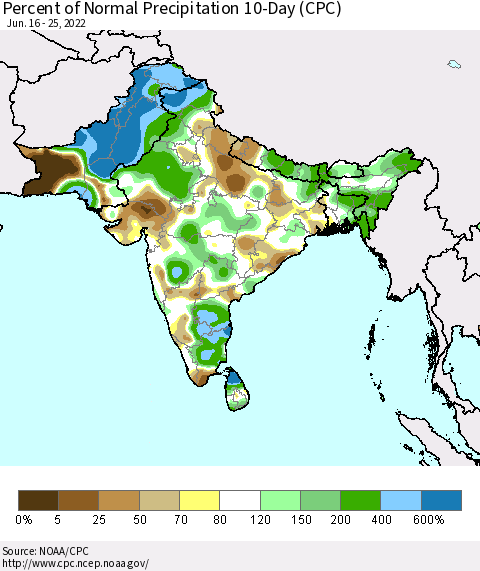 Southern Asia Percent of Normal Precipitation 10-Day (CPC) Thematic Map For 6/16/2022 - 6/25/2022