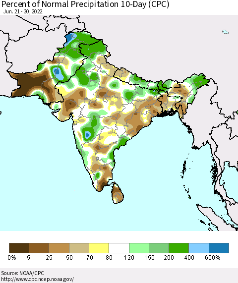 Southern Asia Percent of Normal Precipitation 10-Day (CPC) Thematic Map For 6/21/2022 - 6/30/2022