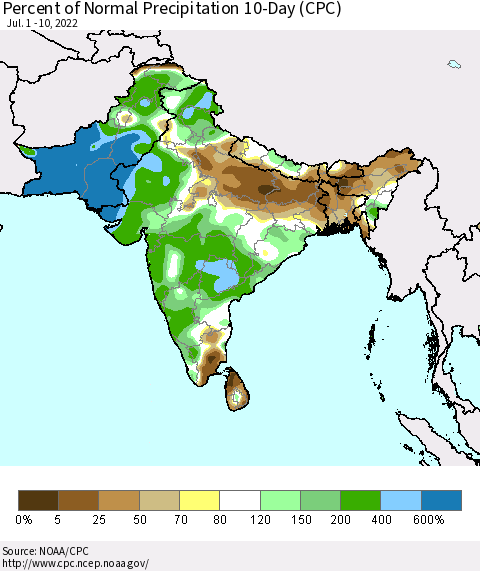 Southern Asia Percent of Normal Precipitation 10-Day (CPC) Thematic Map For 7/1/2022 - 7/10/2022