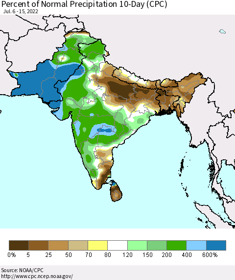 Southern Asia Percent of Normal Precipitation 10-Day (CPC) Thematic Map For 7/6/2022 - 7/15/2022