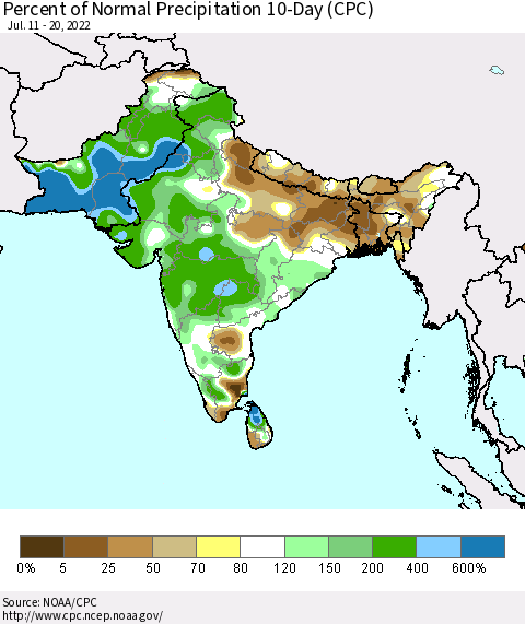 Southern Asia Percent of Normal Precipitation 10-Day (CPC) Thematic Map For 7/11/2022 - 7/20/2022