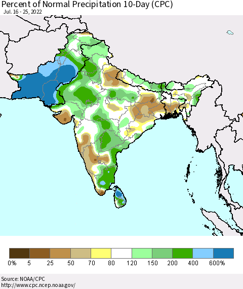 Southern Asia Percent of Normal Precipitation 10-Day (CPC) Thematic Map For 7/16/2022 - 7/25/2022