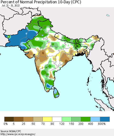 Southern Asia Percent of Normal Precipitation 10-Day (CPC) Thematic Map For 7/21/2022 - 7/31/2022