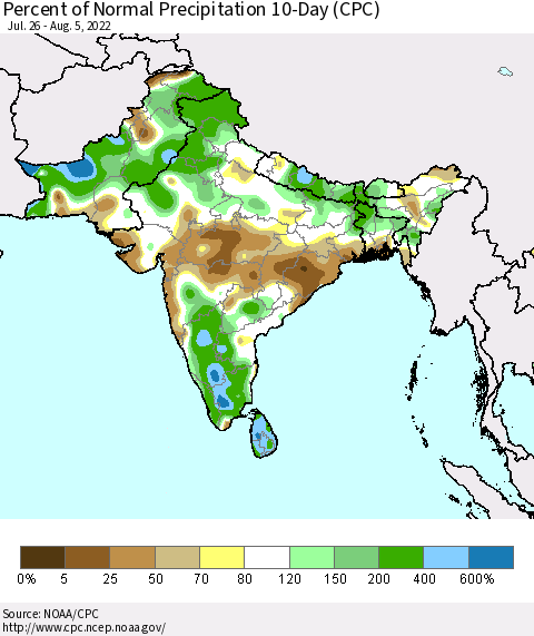 Southern Asia Percent of Normal Precipitation 10-Day (CPC) Thematic Map For 7/26/2022 - 8/5/2022