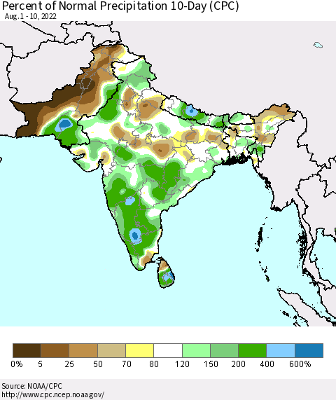 Southern Asia Percent of Normal Precipitation 10-Day (CPC) Thematic Map For 8/1/2022 - 8/10/2022