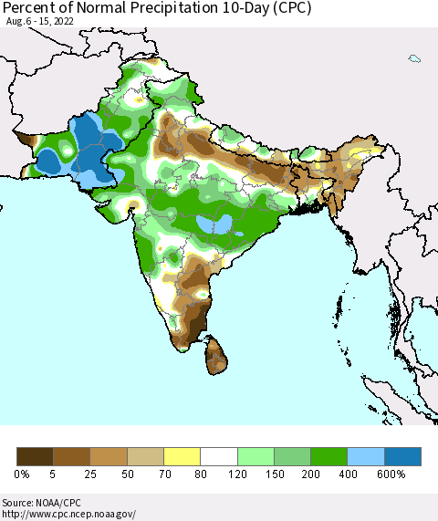 Southern Asia Percent of Normal Precipitation 10-Day (CPC) Thematic Map For 8/6/2022 - 8/15/2022