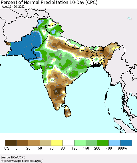 Southern Asia Percent of Normal Precipitation 10-Day (CPC) Thematic Map For 8/11/2022 - 8/20/2022