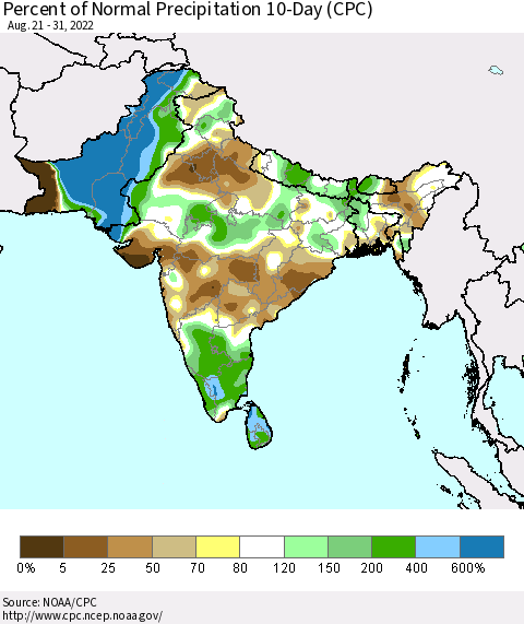 Southern Asia Percent of Normal Precipitation 10-Day (CPC) Thematic Map For 8/21/2022 - 8/31/2022