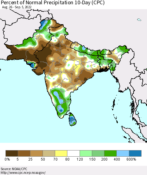 Southern Asia Percent of Normal Precipitation 10-Day (CPC) Thematic Map For 8/26/2022 - 9/5/2022