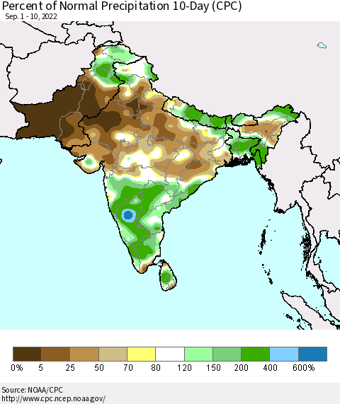 Southern Asia Percent of Normal Precipitation 10-Day (CPC) Thematic Map For 9/1/2022 - 9/10/2022