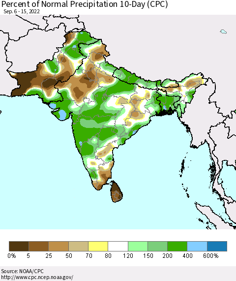 Southern Asia Percent of Normal Precipitation 10-Day (CPC) Thematic Map For 9/6/2022 - 9/15/2022