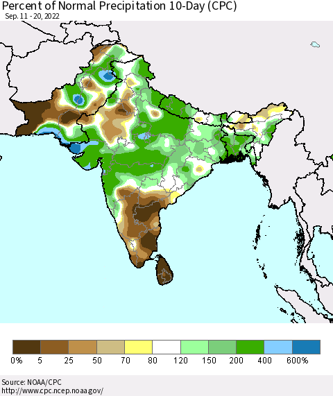 Southern Asia Percent of Normal Precipitation 10-Day (CPC) Thematic Map For 9/11/2022 - 9/20/2022