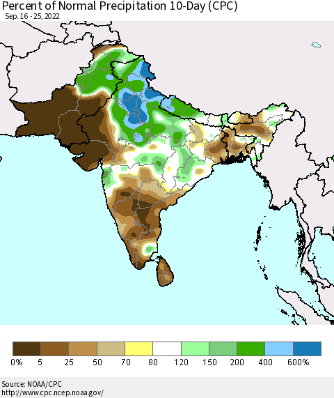 Southern Asia Percent of Normal Precipitation 10-Day (CPC) Thematic Map For 9/16/2022 - 9/25/2022