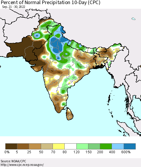 Southern Asia Percent of Normal Precipitation 10-Day (CPC) Thematic Map For 9/21/2022 - 9/30/2022