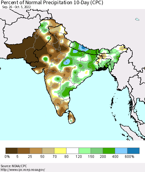 Southern Asia Percent of Normal Precipitation 10-Day (CPC) Thematic Map For 9/26/2022 - 10/5/2022