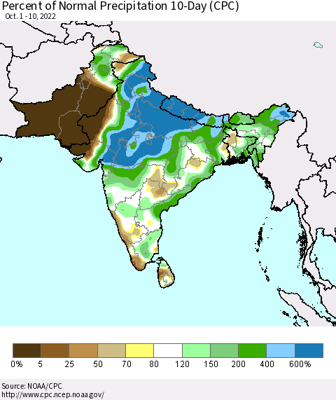 Southern Asia Percent of Normal Precipitation 10-Day (CPC) Thematic Map For 10/1/2022 - 10/10/2022