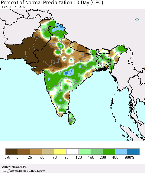 Southern Asia Percent of Normal Precipitation 10-Day (CPC) Thematic Map For 10/11/2022 - 10/20/2022