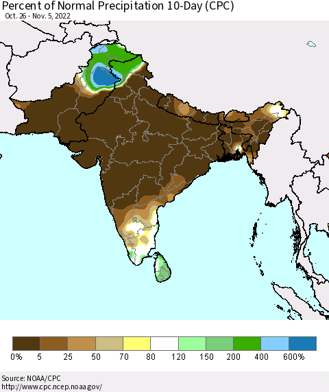 Southern Asia Percent of Normal Precipitation 10-Day (CPC) Thematic Map For 10/26/2022 - 11/5/2022