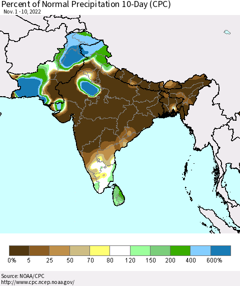 Southern Asia Percent of Normal Precipitation 10-Day (CPC) Thematic Map For 11/1/2022 - 11/10/2022