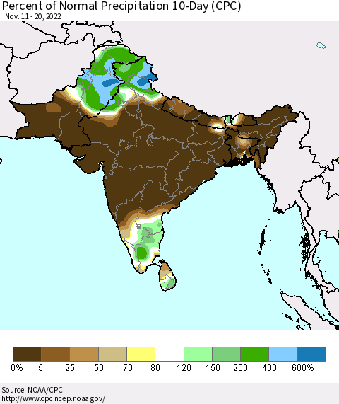 Southern Asia Percent of Normal Precipitation 10-Day (CPC) Thematic Map For 11/11/2022 - 11/20/2022