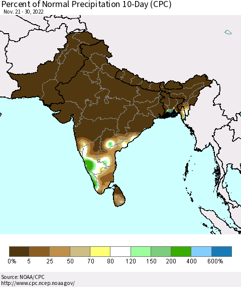 Southern Asia Percent of Normal Precipitation 10-Day (CPC) Thematic Map For 11/21/2022 - 11/30/2022