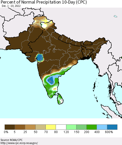 Southern Asia Percent of Normal Precipitation 10-Day (CPC) Thematic Map For 12/1/2022 - 12/10/2022