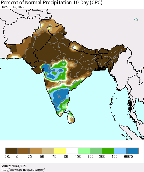 Southern Asia Percent of Normal Precipitation 10-Day (CPC) Thematic Map For 12/6/2022 - 12/15/2022