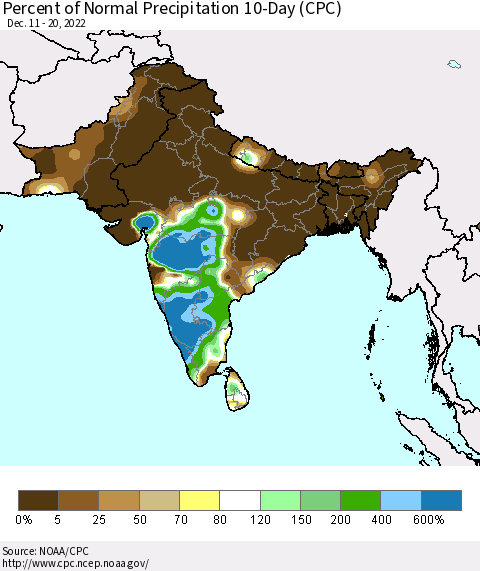 Southern Asia Percent of Normal Precipitation 10-Day (CPC) Thematic Map For 12/11/2022 - 12/20/2022