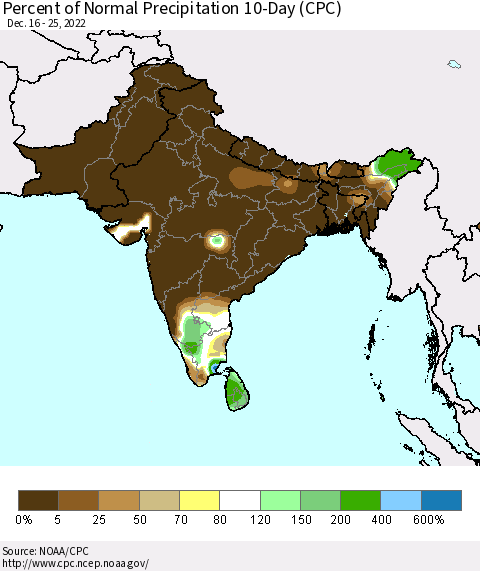 Southern Asia Percent of Normal Precipitation 10-Day (CPC) Thematic Map For 12/16/2022 - 12/25/2022
