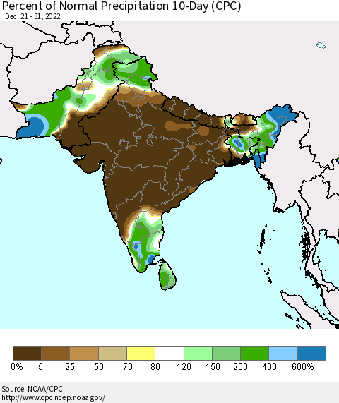Southern Asia Percent of Normal Precipitation 10-Day (CPC) Thematic Map For 12/21/2022 - 12/31/2022