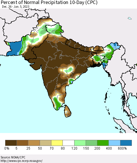 Southern Asia Percent of Normal Precipitation 10-Day (CPC) Thematic Map For 12/26/2022 - 1/5/2023