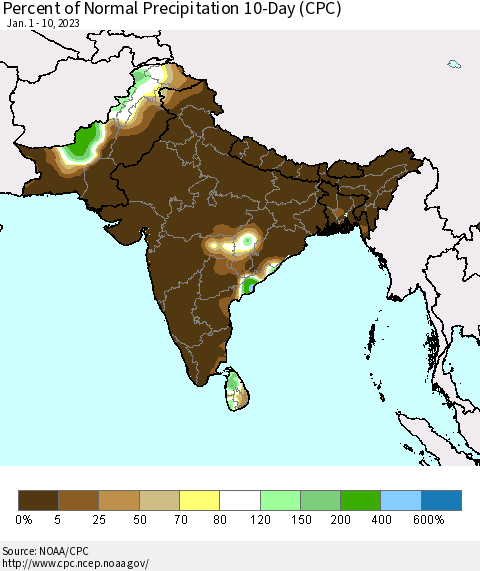 Southern Asia Percent of Normal Precipitation 10-Day (CPC) Thematic Map For 1/1/2023 - 1/10/2023