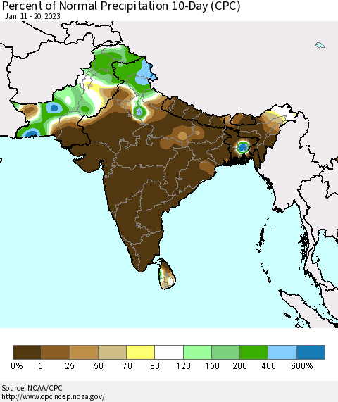Southern Asia Percent of Normal Precipitation 10-Day (CPC) Thematic Map For 1/11/2023 - 1/20/2023