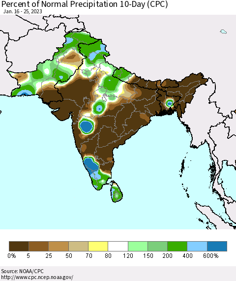 Southern Asia Percent of Normal Precipitation 10-Day (CPC) Thematic Map For 1/16/2023 - 1/25/2023