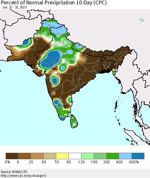 Southern Asia Percent of Normal Precipitation 10-Day (CPC) Thematic Map For 1/21/2023 - 1/31/2023