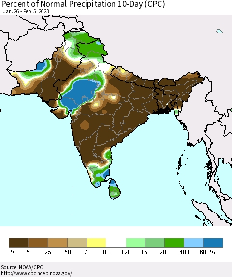 Southern Asia Percent of Normal Precipitation 10-Day (CPC) Thematic Map For 1/26/2023 - 2/5/2023