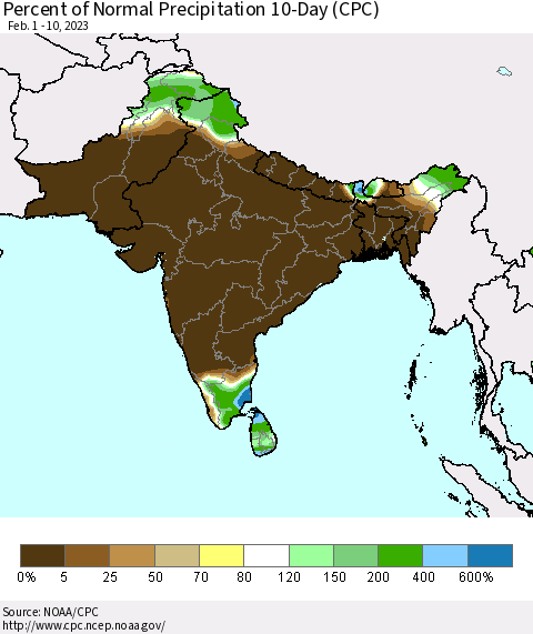 Southern Asia Percent of Normal Precipitation 10-Day (CPC) Thematic Map For 2/1/2023 - 2/10/2023