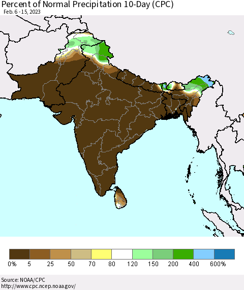 Southern Asia Percent of Normal Precipitation 10-Day (CPC) Thematic Map For 2/6/2023 - 2/15/2023
