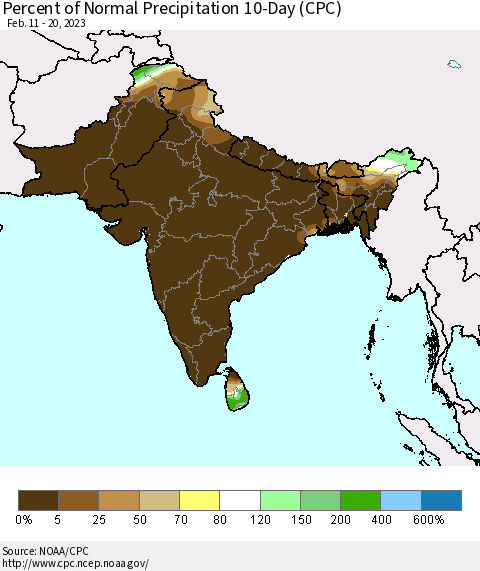 Southern Asia Percent of Normal Precipitation 10-Day (CPC) Thematic Map For 2/11/2023 - 2/20/2023