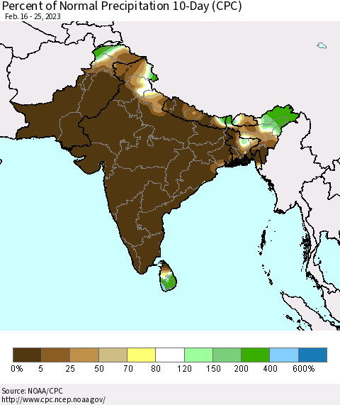 Southern Asia Percent of Normal Precipitation 10-Day (CPC) Thematic Map For 2/16/2023 - 2/25/2023