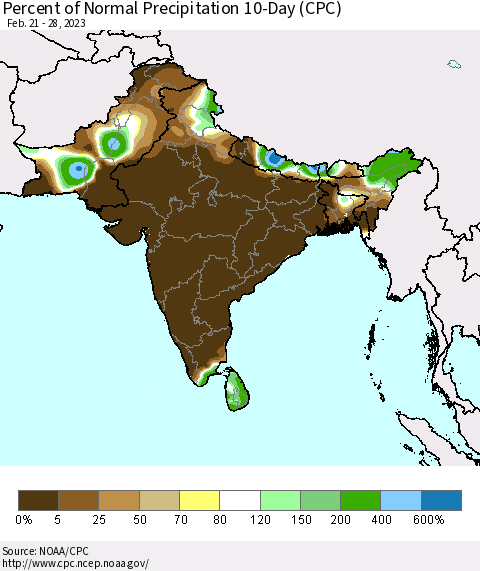 Southern Asia Percent of Normal Precipitation 10-Day (CPC) Thematic Map For 2/21/2023 - 2/28/2023