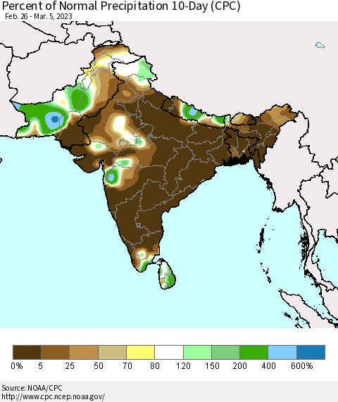 Southern Asia Percent of Normal Precipitation 10-Day (CPC) Thematic Map For 2/26/2023 - 3/5/2023