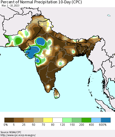 Southern Asia Percent of Normal Precipitation 10-Day (CPC) Thematic Map For 3/1/2023 - 3/10/2023