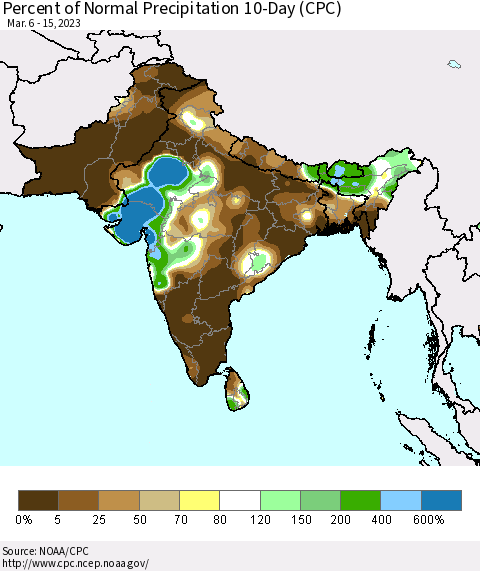Southern Asia Percent of Normal Precipitation 10-Day (CPC) Thematic Map For 3/6/2023 - 3/15/2023