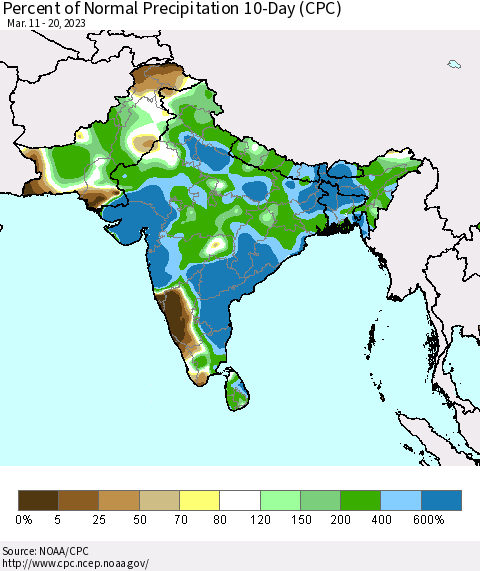 Southern Asia Percent of Normal Precipitation 10-Day (CPC) Thematic Map For 3/11/2023 - 3/20/2023