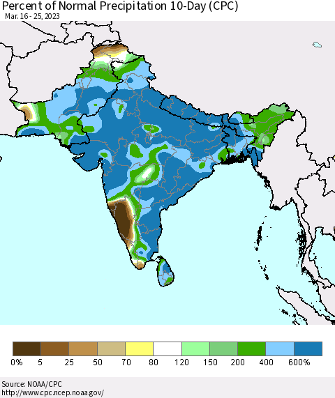 Southern Asia Percent of Normal Precipitation 10-Day (CPC) Thematic Map For 3/16/2023 - 3/25/2023