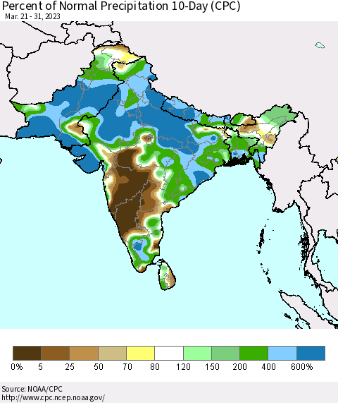 Southern Asia Percent of Normal Precipitation 10-Day (CPC) Thematic Map For 3/21/2023 - 3/31/2023